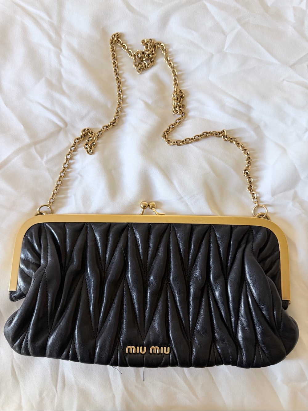 Miu Miu Black Ruched Leather Clutch with Gold Frame and Chain
